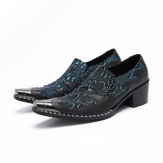 AOMISHOES™ Blue-Black Snake Metal Tip Shoes #4069