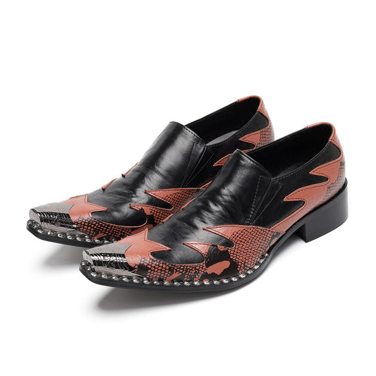 AOMISHOES™ Black Orange Snake Metal Tip Shoes #4072