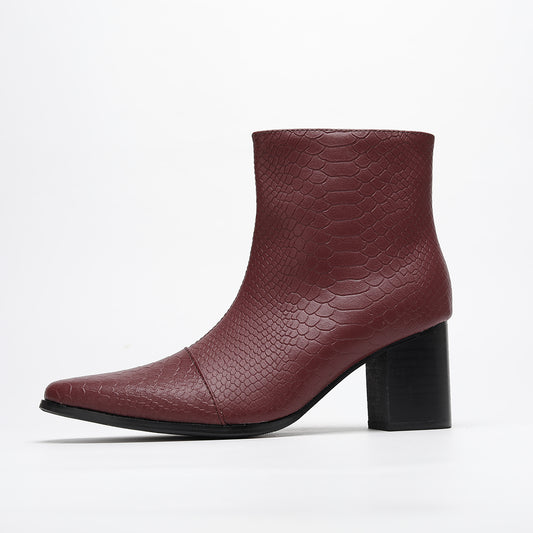 AOMISHOES™ Burgundy Snake Leather Party Chelsea Boot #4082