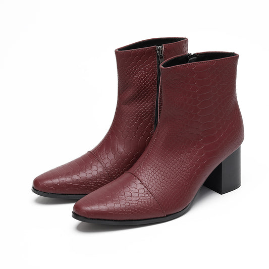 AOMISHOES™ Burgundy Snake Leather Party Chelsea Boot #4082