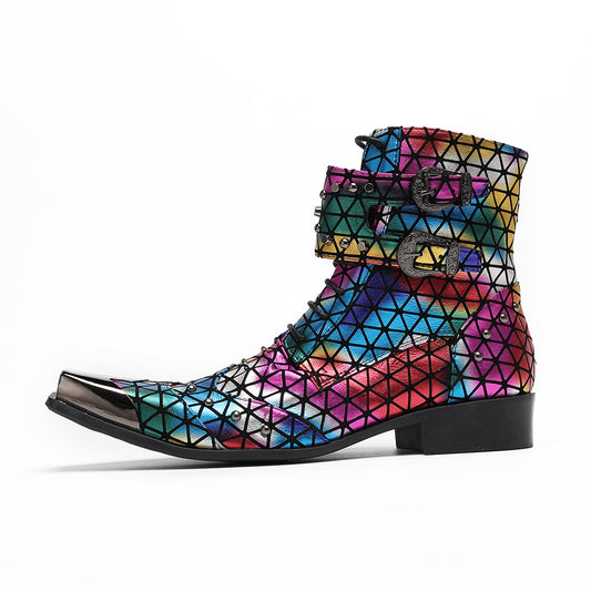 AOMISHOES™ Colorful Geometric Grid Party high-heeled boots #4076