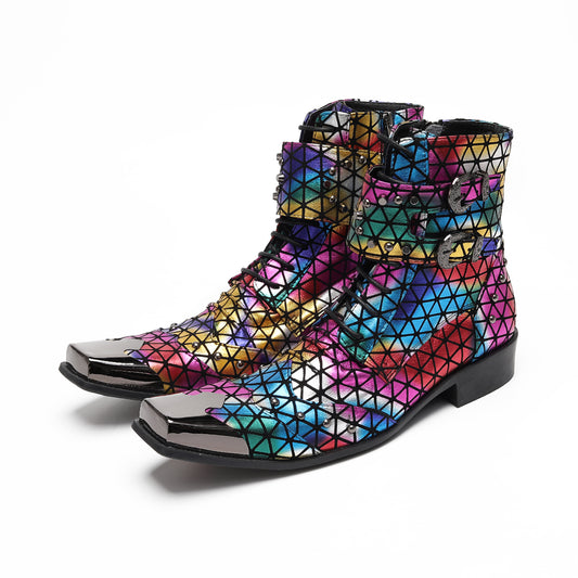 AOMISHOES™ Colorful Geometric Grid Party high-heeled boots #4076