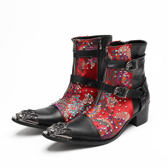 AOMISHOES™ Red Embroidered Rivet Party high-heeled boots #4077