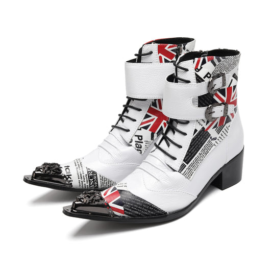 AOMISHOES™ White Printed Metal Tip boots #4078