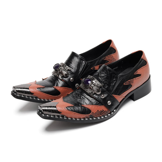 AOMISHOES™ Brown-Black Gem-Embedded Metal Tip Shoes #4070