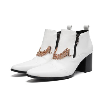 AOMISHOES™ White Chain Decor Metal Tip Shoes Party high - heeled boots #4088