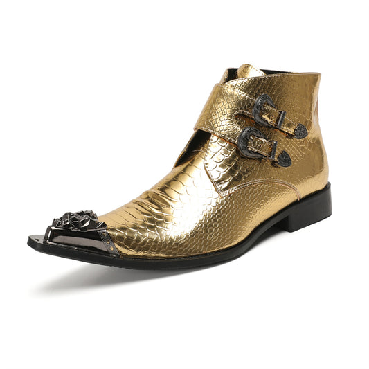 Shiny Gold Snakeskin Buckle Ankle Boot #4121
