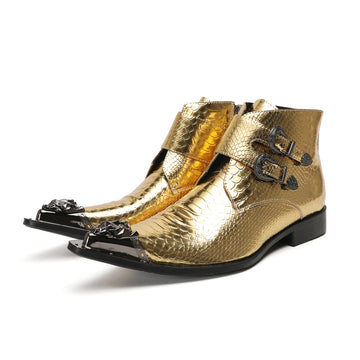 Shiny Gold Snakeskin Buckle Ankle Boot #4121