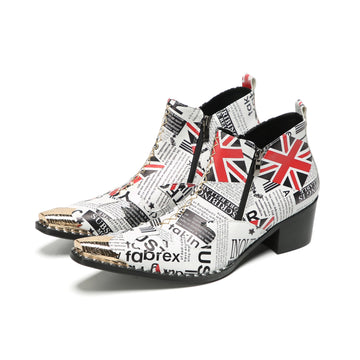 Newspaper Print Pointed Toe Ankle Boot #4122