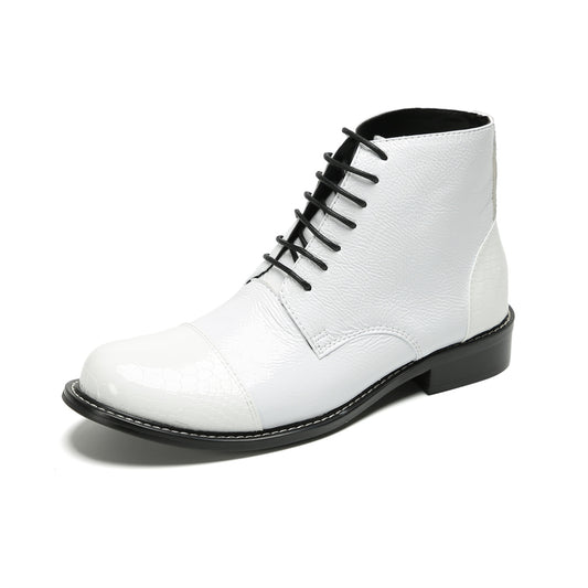 Textured White Patent Lace-up Ankle Boots #4125