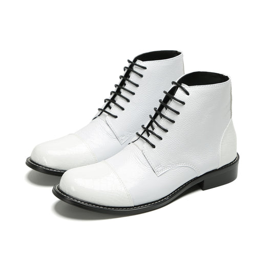 Textured White Patent Lace-up Ankle Boots #4125