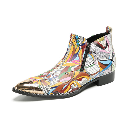 Vibrant Patterned Metal-Tip Ankle Boots #4126