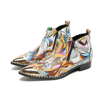 Vibrant Patterned Metal-Tip Ankle Boots #4126