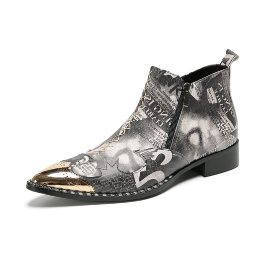 Edgy Newspaper Printed Ankle Boots #4127