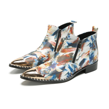 Abstract Painted Metallic Toe Ankle Boots #4128