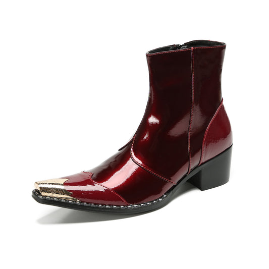 Shiny Wine Red Pointed Toe Ankle Boots #4132