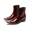 Shiny Wine Red Pointed Toe Ankle Boots #4132
