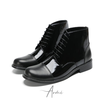 Shiny Black Lace-up Ankle Boots #4133