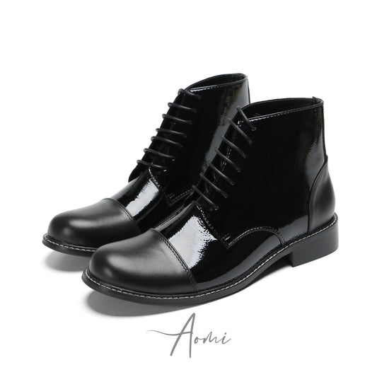Shiny Black Lace-up Ankle Boots #4133