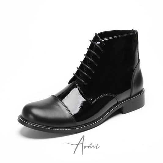Shiny Black Lace-up Ankle Boots #4133
