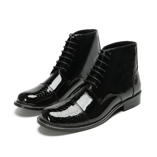 Shiny Black Lace-up Patent Ankle Boots #4138