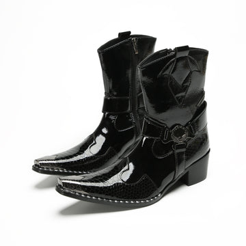 Shiny Textured Pointed Western Boots #4139