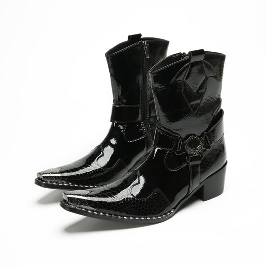 Shiny Textured Pointed Western Boots #4139