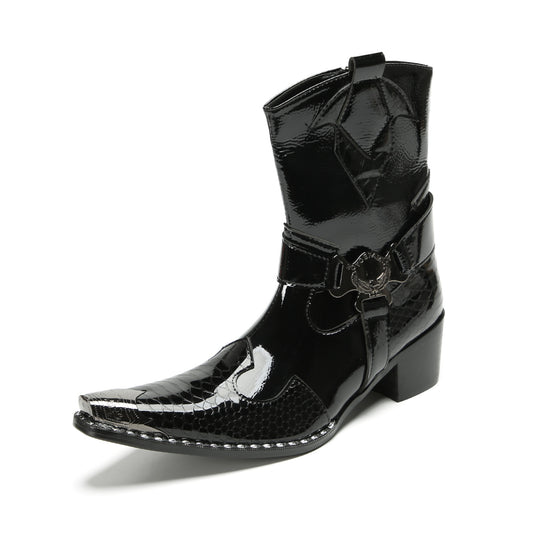 Shiny Textured Pointed Western Boots #4139