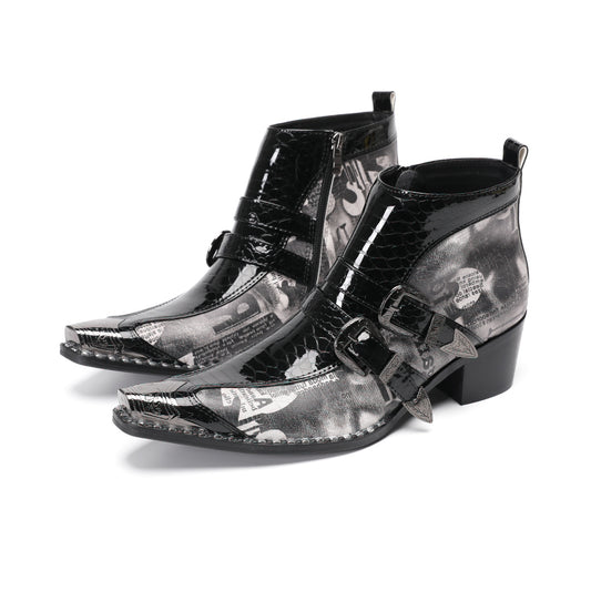 Edgy Printed Buckle Ankle Boot #4142