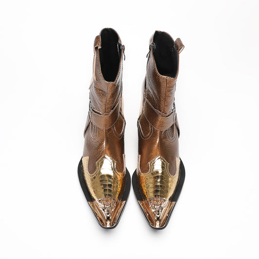 Textured Gold Bronze Cowboy Ankle Boots #4145