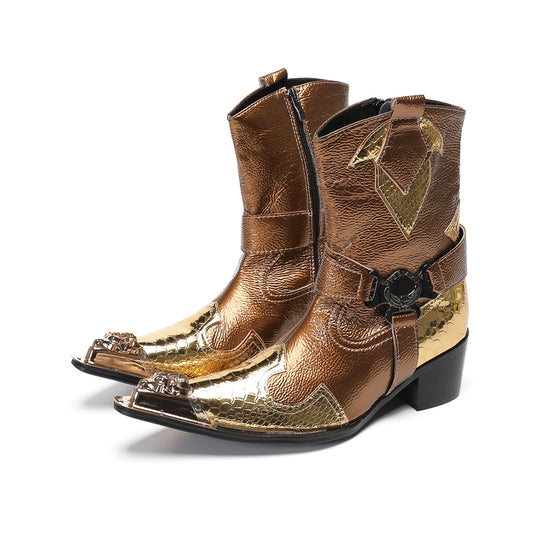 Textured Gold Bronze Cowboy Ankle Boots #4145