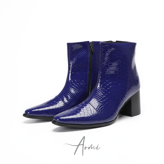 Shiny Blue Embossed Ankle Boots #4148