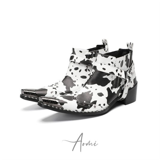 Cow Print Pointed Toe Cowboy Ankle Boots #4155