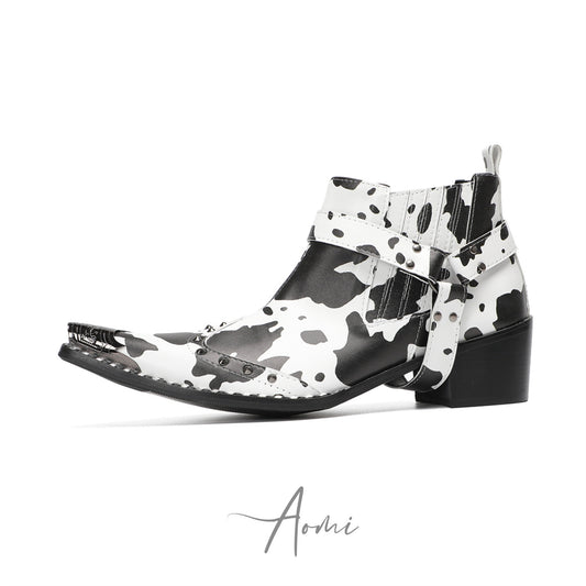 Cow Print Pointed Toe Cowboy Ankle Boots #4155