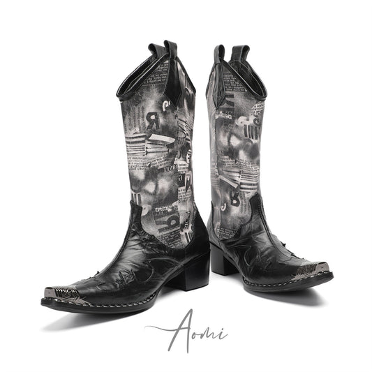Edgy Newspaper Print Cowboy Boots #4156