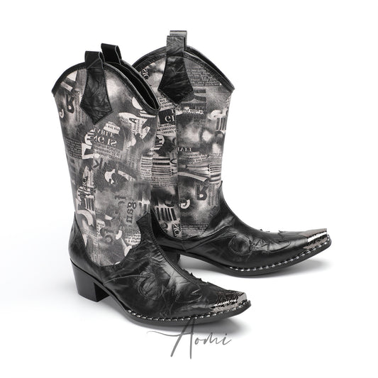Edgy Newspaper Print Cowboy Boots #4156