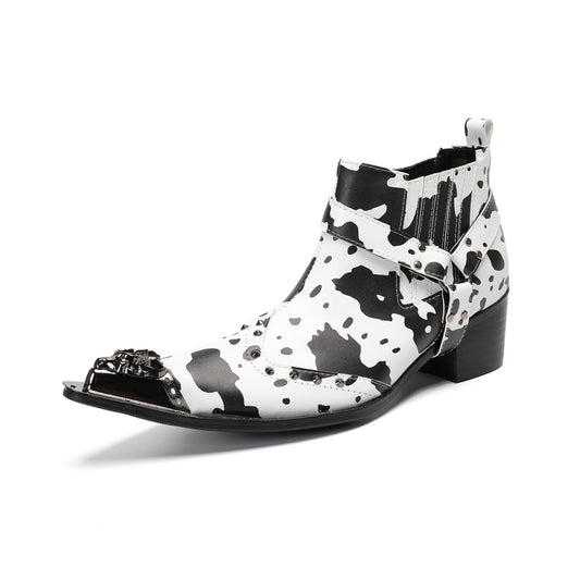 Cow Print Studded Western Ankle Boots #4157