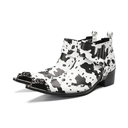 Cow Print Studded Western Ankle Boots #4157