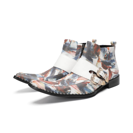 Abstract Print Buckle Ankle Boots #4158