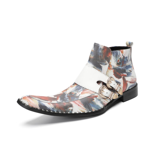 Abstract Print Buckle Ankle Boots #4158