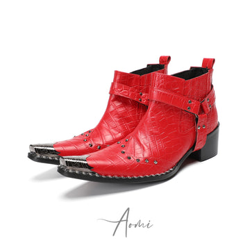 Striking Red Crocodile Harness Ankle Boots #4162