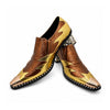 A pair of men's metallic gold and bronze slip-on western dress shoes with a pointed metal toe and a rhinestone-studded block