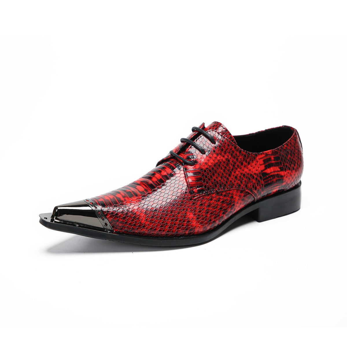 Pair of men's red snakeskin patterned leather derby shoes with pointed metal toe caps and black laces on a white background.