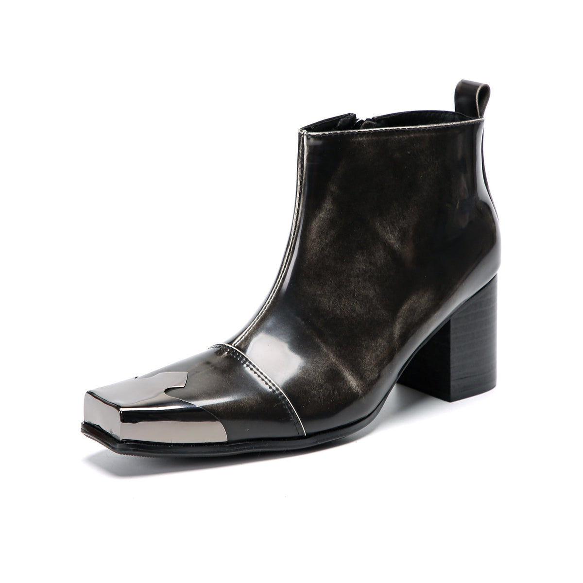 Pair of shiny black square toe ankle boots with metal tip and block heels