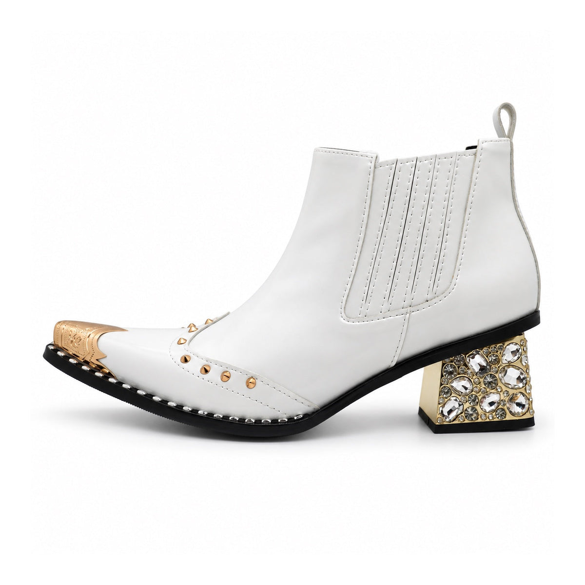 A pair of Aomishoes white genuine leather Chelsea boots with a gold metal pointed toe, gold studs, and a