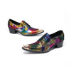 Pair of men's rainbow metallic pointed toe oxford shoes with golden metal tips and studded soles