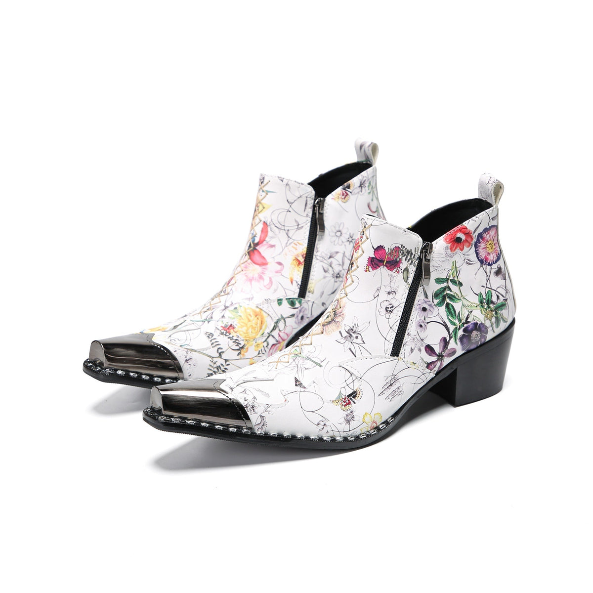 Pair of men's white genuine leather ankle boots with a colorful floral print and shiny metallic pointed toe caps.