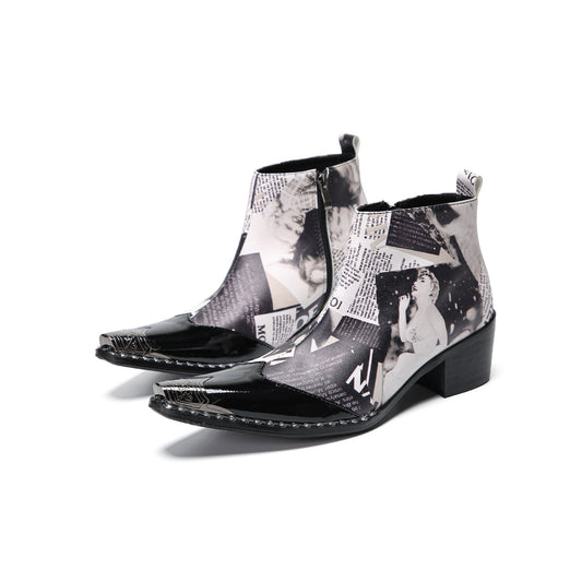 Pair of Aomishoes men's newspaper print ankle boots with pointed patent leather toe caps and side zippers on a white
