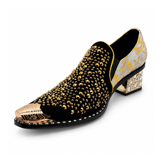 A pair of men's black studded loafers with a gold metal toe cap, a gold and grey patterned upper, and a crystal-embellished