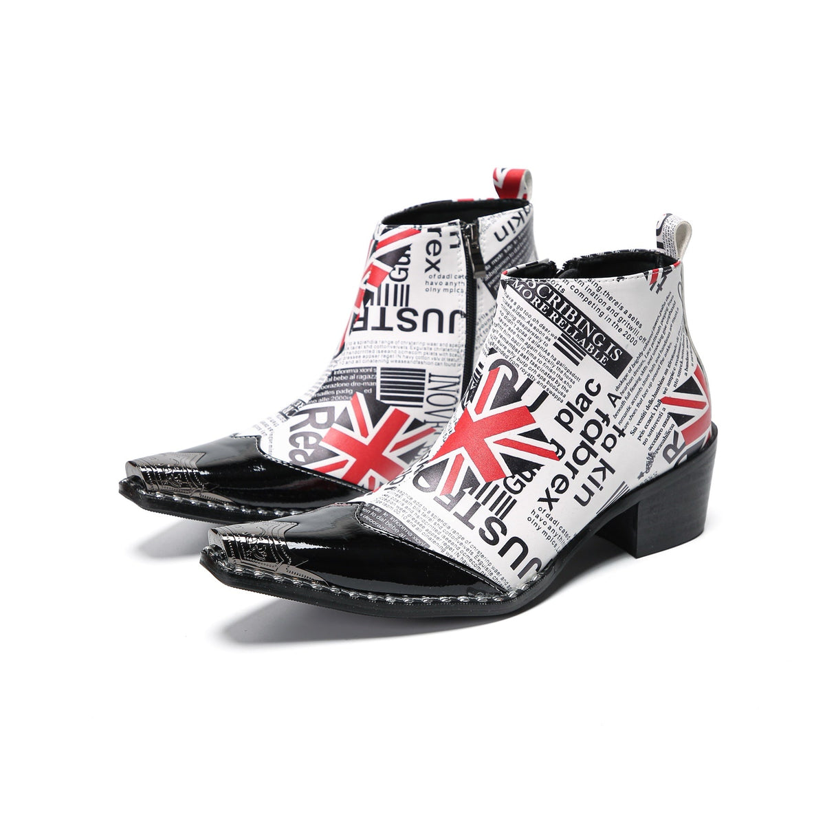 Pair of Aomishoes newspaper print and Union Jack pointed toe ankle boots with black patent leather toe caps and block heels.
